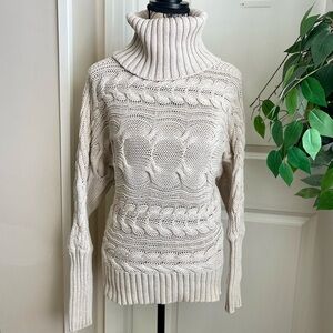 Moda International Y2K Cable Knit Cotton Turtleneck Sweater Cream Sz S